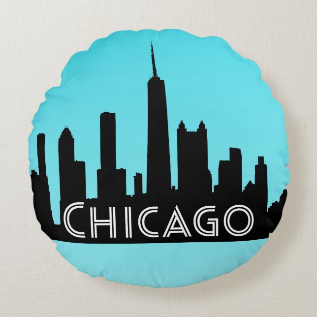 Almofada Redonda Ilustração do horizonte de Chicago (Frente)