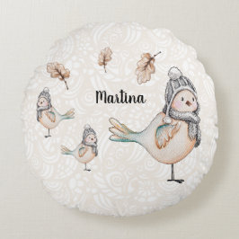 Almofada Redonda Ilustração Personalizada de Pardal Fofo de Inverno