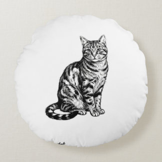 Almofada Redonda Ilustração PNG de Gato Elegante em Tinta Preta