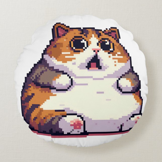Almofada Redonda Imagem em pixel de gato laranja chocado (Frente)