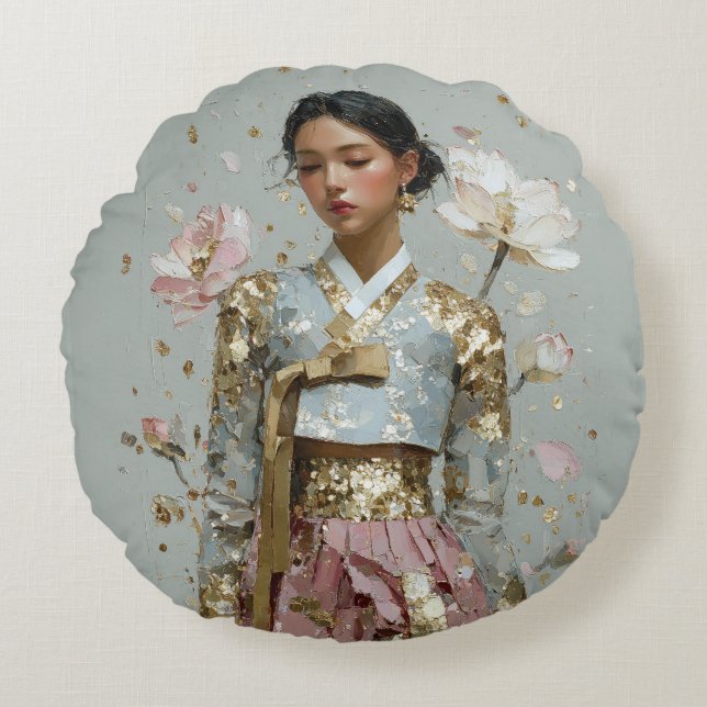 Almofada Redonda Impressão de Arte do Hanbok Moderno (Frente)