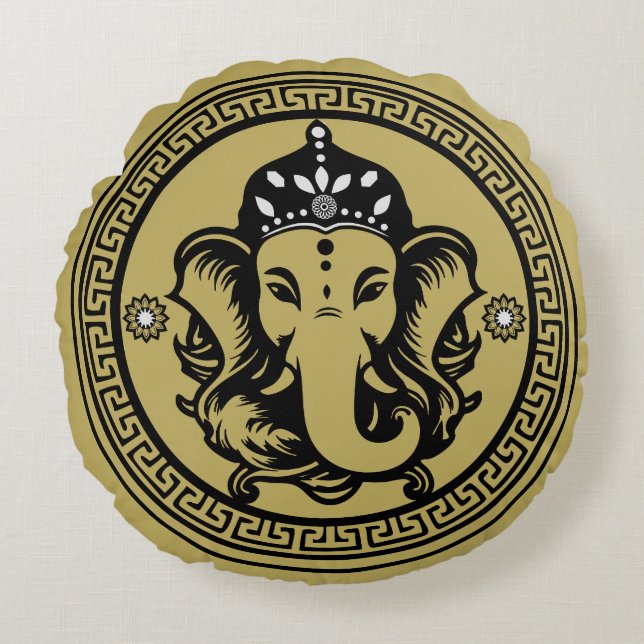 Almofada Redonda Impressão de Arte Hindu com Tema Ganesha (Frente)