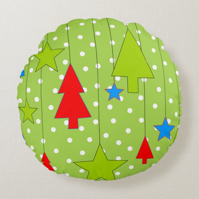 Almofada Redonda Impressão de Árvore de Natal Festiva (Frente)