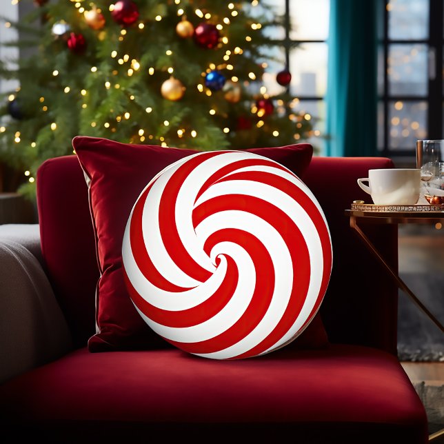 Almofada Redonda Impressão de hortelã-pimenta festiva (Festive Peppermint Pattern Decorative Round Christmas Pillow)