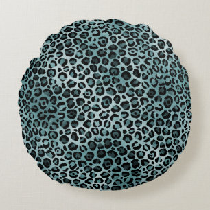 Almofada Redonda Impressão do Leopardo Azul-Azul-Turquesa Glam   