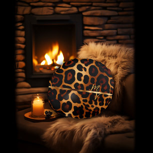 Almofada Redonda Impressão do Leopardo Chic e Monograma Dourado