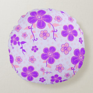 Almofada Redonda Impressão Floral bonito Roxo e Rosa na Lavanda