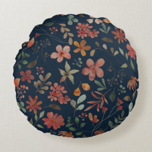 Almofada Redonda Impressão Floral de Aquarela Antiquada no Marinho