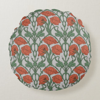Almofada Redonda Impressão Floral de Papoula Vermelha Art Nouveau