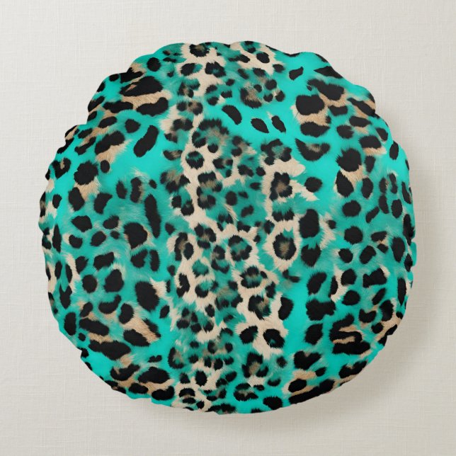 Almofada Redonda Impressão Turquesa Teal Leopard (Frente)
