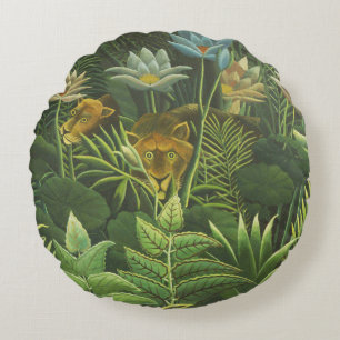 Almofada Redonda Impressão Vintage de Leão na Selva Tropical de Hen