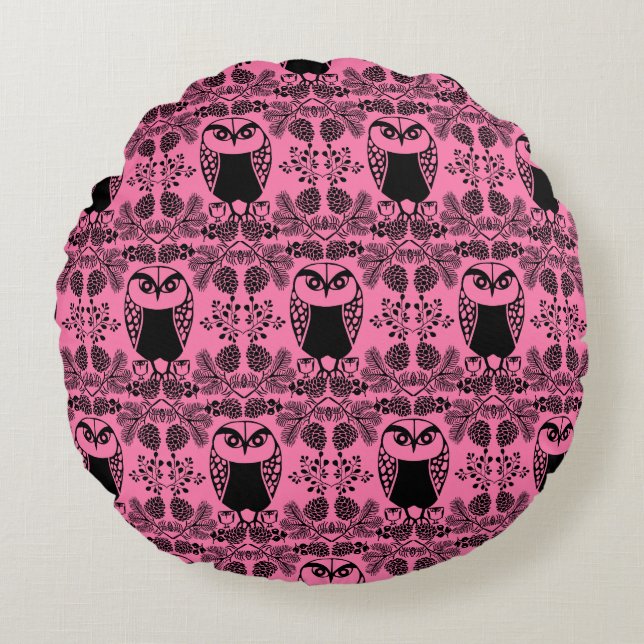 Almofada Redonda Impressões Folk Art Owl (Frente)