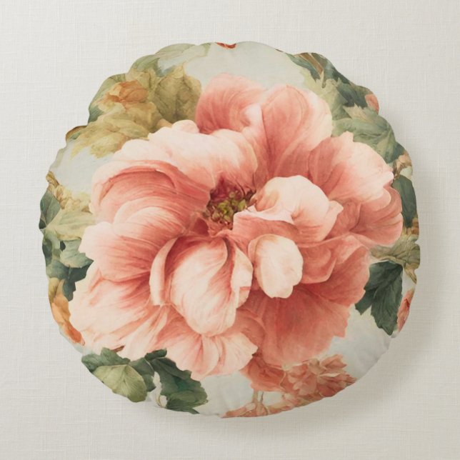 Almofada Redonda Incríveis Flores, Folhas. Pintura (Frente)