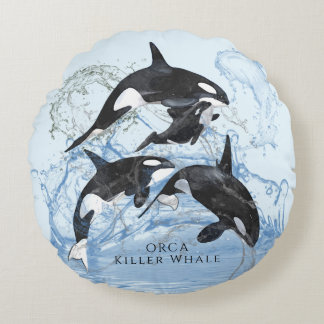 Almofada Redonda Incrível "Black and White Watercolor Orcas"
