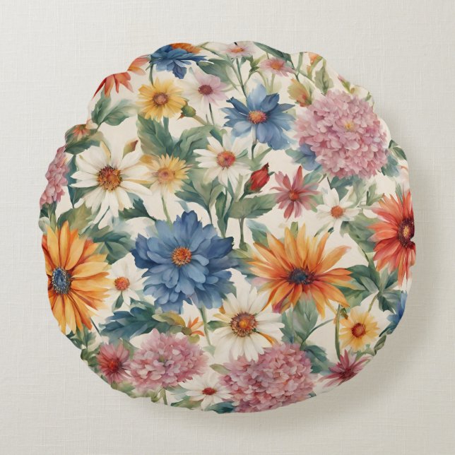 Almofada Redonda Incrível Flores de Jardim de Verão (Frente)
