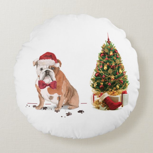 Almofada Redonda Inglês Buldogue Engraçado Cachorro de Natal com Ár (Frente)