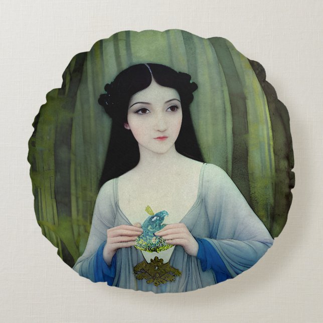 Almofada Redonda Ink Wash Ilustração de Linda Mulher em Florestas (Frente)