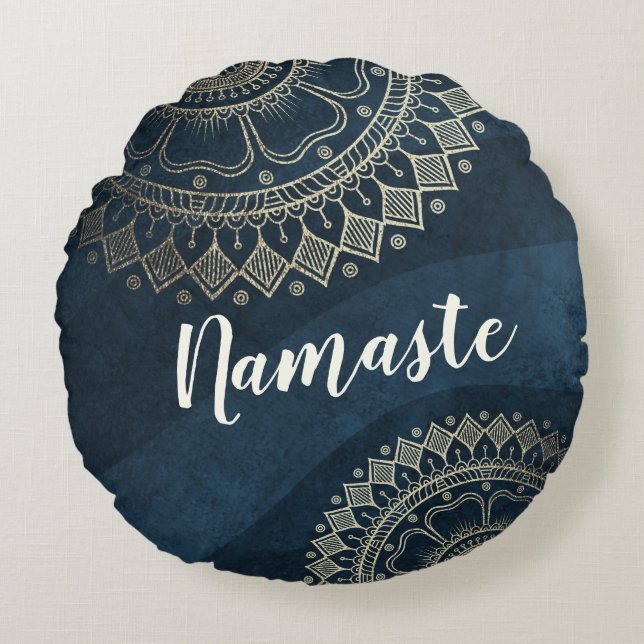 Almofada Redonda Instrutor de Meditação Yoga Dourado Mandala Marinh (Frente)