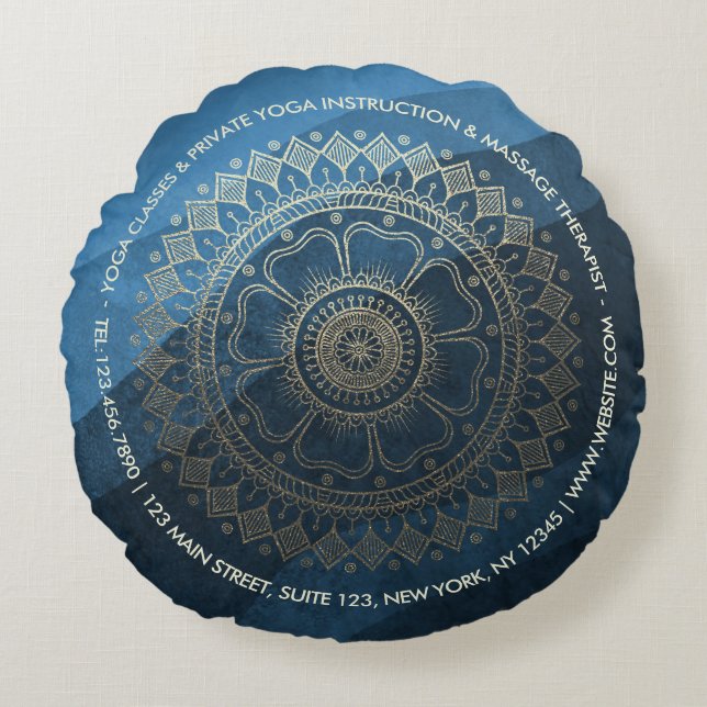 Almofada Redonda Instrutor de Meditação Yoga Dourado Mandala Marinh (Frente)