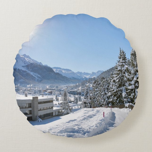 Almofada Redonda Inverno em St. Moritz (Frente)