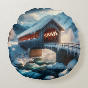 Almofada Redonda Inverno, ponte coberta por neve e rio