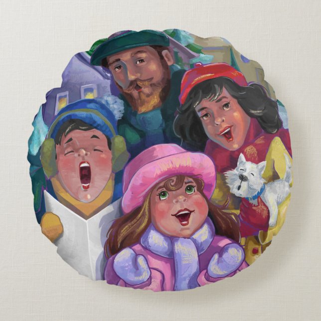 Almofada Redonda Ir para uma Ilustração de Caroling (Frente)