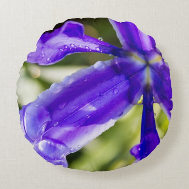 Almofada Redonda Íris roxa com pingos de chuva (Frente)