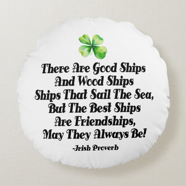 Almofada Redonda Irish Friendship Ships Proverb Four Leaf Clover  (Frente)