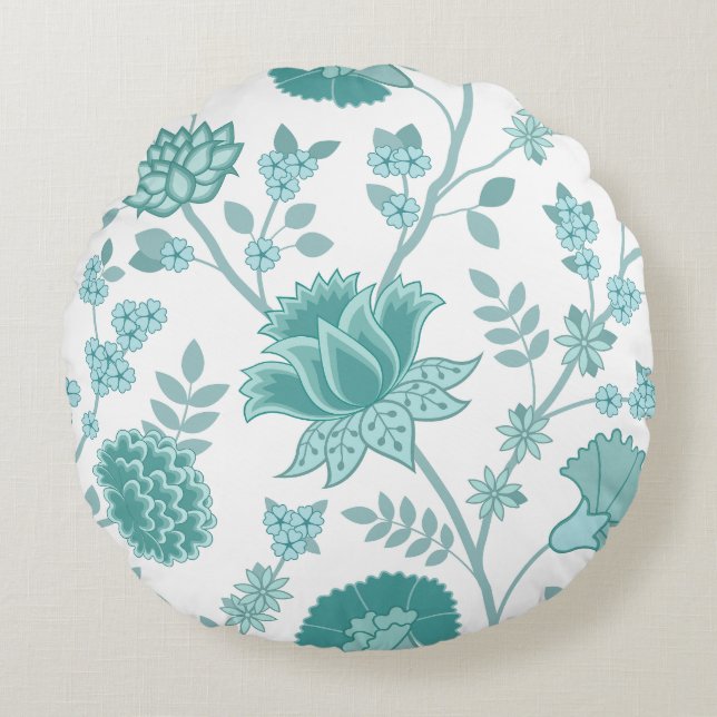 Almofada Redonda Jacobean Floral Lg Patterno Teals em Branco (Frente)