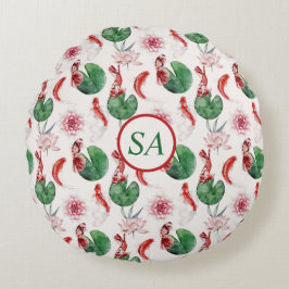 Almofada Redonda Japonês Watercolor Art Koi Fish Lotus Lily Pad Ro