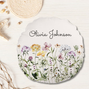 Almofada Redonda Jardim de Flores Silvestres com Nome Personalizado