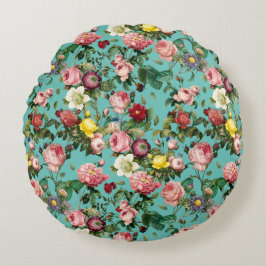 Almofada Redonda Jardim de rosa de safra em fundo teórico