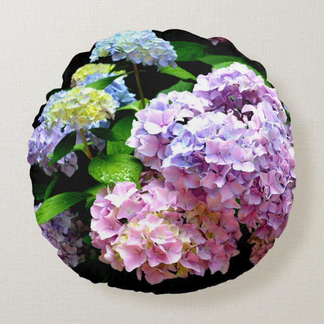 Almofada Redonda Jardim Hydrangea, rosa, azul, floral roxo (Frente)