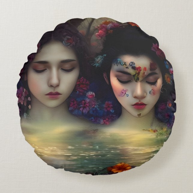 Almofada Redonda Jardim Místico: Sonhos Florais (Frente)