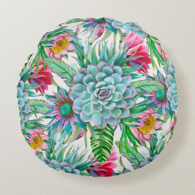 Almofada Redonda Jardim tropical suculento (Frente)