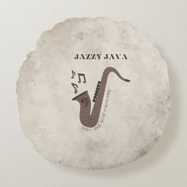 Almofada Redonda Java Jazzy - Grãos de Café - Saxofone- (Frente)