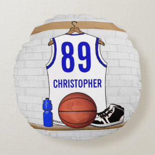 Almofada Redonda Jérsei branco e azul personalizado do basquetebol