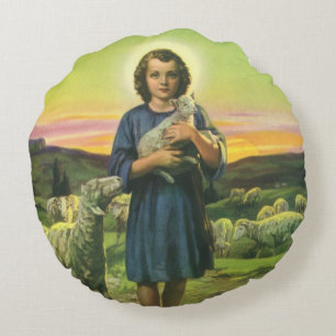 Almofada Redonda Jesus Cristo Pastor Vintage com Cordeiro Bebê