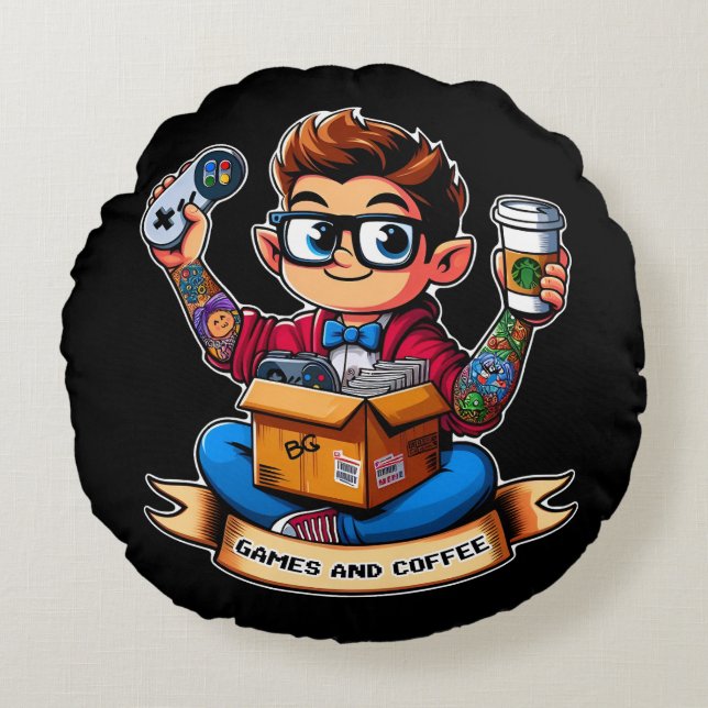 Almofada Redonda Jogos e geek de café (Frente)