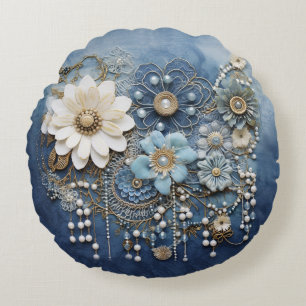 Almofada Redonda Joias de fantasia com Denim azul