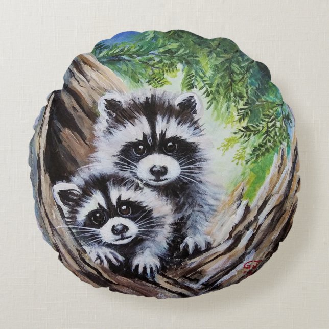 Almofada Redonda Jovens guaxinins no travesseiro decorativo redondo (Frente)