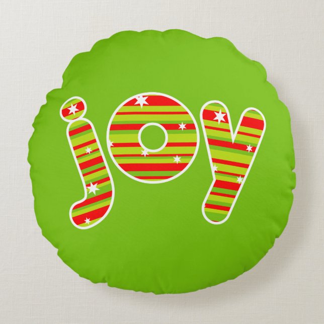 Almofada Redonda JOY at Christmas, Red & Green Stripes (Frente)