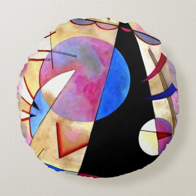 Almofada Redonda Kandinsky - Cubismo Abstrato com Rosas e Azuis (Frente)