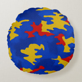 Almofada Redonda Kansas Blue Red Yellow Vibrant Camo Pattern