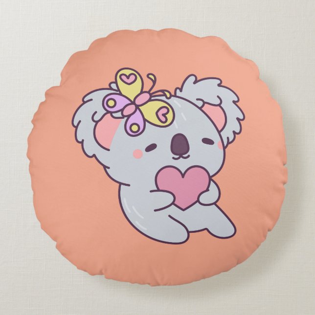 Almofada Redonda Kawaii Koala with Heart and Butterfly (Frente)
