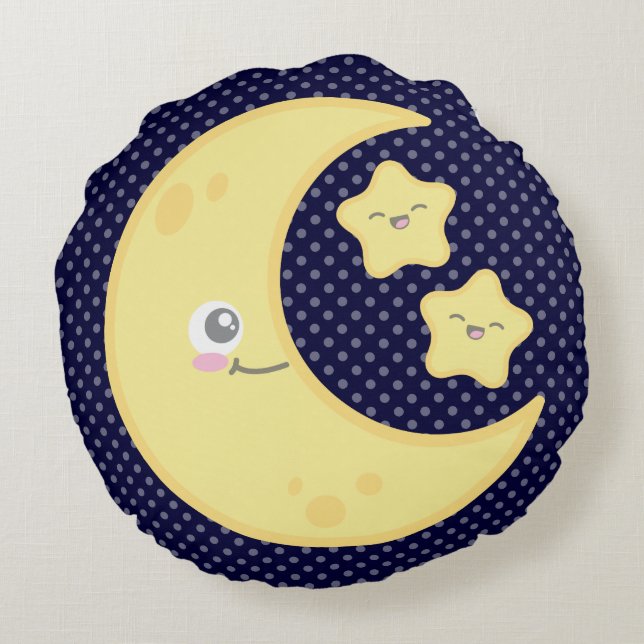 Almofada Redonda Kawaii Moon e Stars Round Travesseiro (Verso)