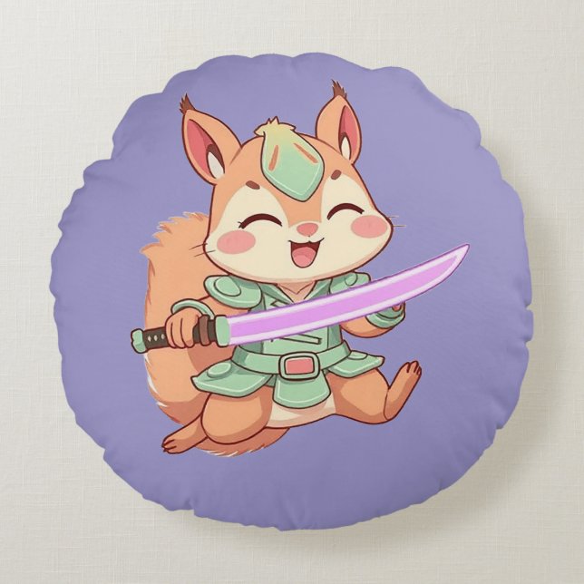 Almofada Redonda Kawaii Squirrel Samurai. (Frente)