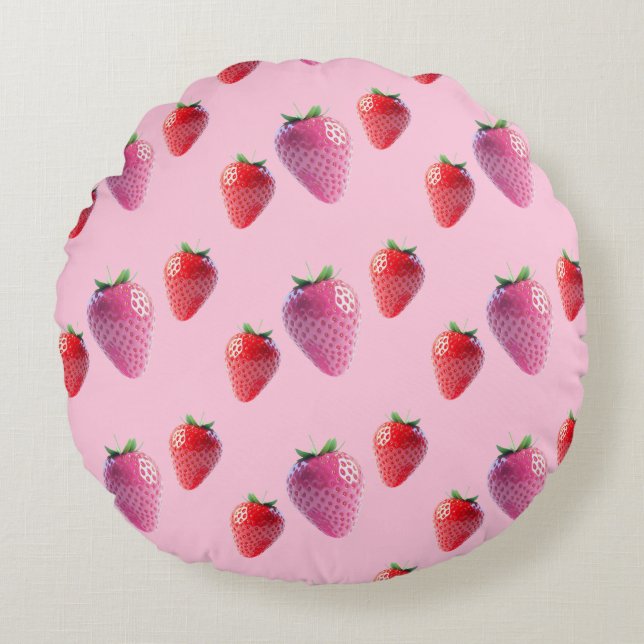 Almofada Redonda Kawaii Strawberry Berry Sweet Pink e Fruta Vermelh (Frente)