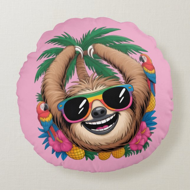 Almofada Redonda Kawaii Tropical Sloth – Cute Summer Vibes Rainbow  (Frente)