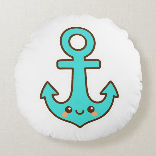 Almofada Redonda Kawaii Turquoise Anchor - Whimsical & Cheerful (Frente)